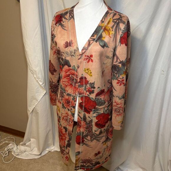 Solitaire Anthropologie Floral Faux Suede Open Front Jacket Stylish Womens - Picture 2 of 9